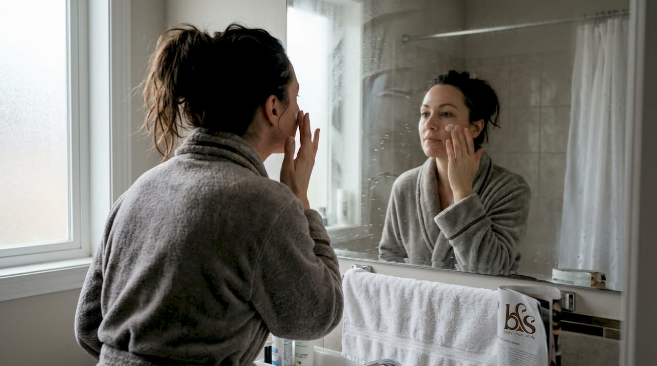 Woman applying moisturizer at bathroom mirror